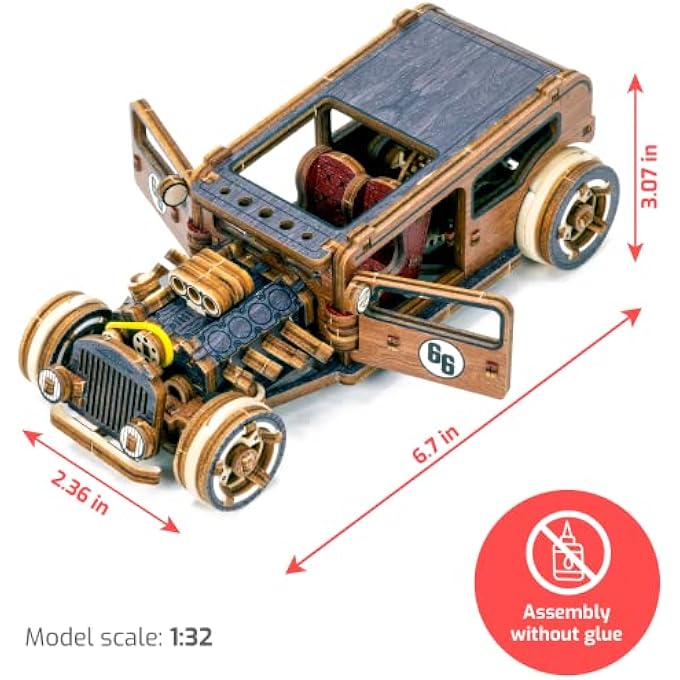 HOT ROD LIMITED EDITION 3D WOODEN MODEL KITS FOR ADULTS TO BUILD CARS - 142PCS RETRO WOODEN 3D PUZZLE 1:32 SCALE CAR KIT - Image 2